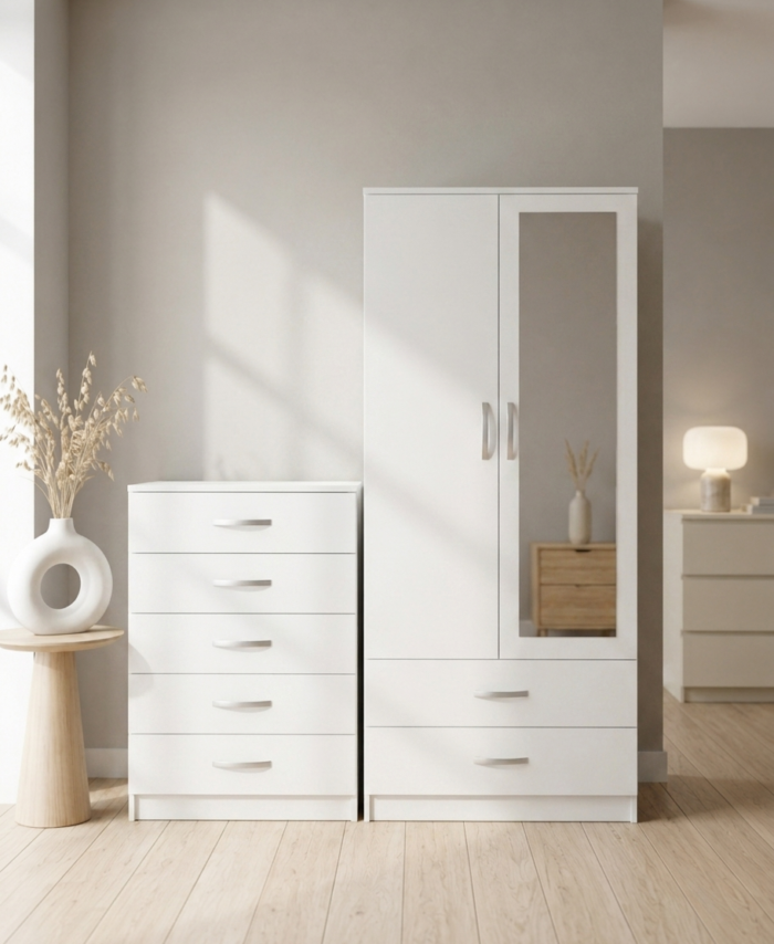 White 2-doors mirrored wardrobe and 5-drawer chest of drawers bedroom furniture set for just £270. This 2-piece bedroom set comes ready assembled.