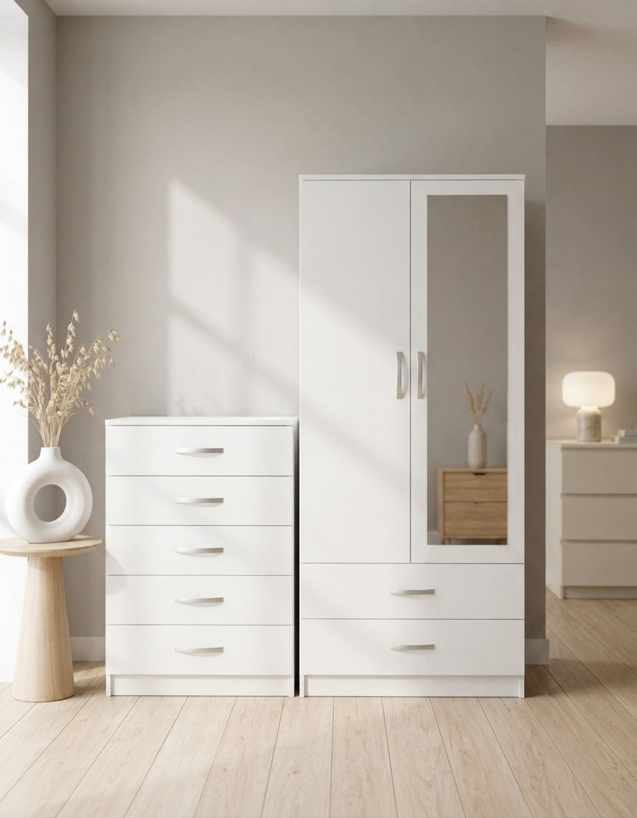 White 2-doors mirrored wardrobe and 5-drawer chest of drawers bedroom furniture set for just £270. This 2-piece bedroom set comes ready assembled.