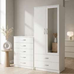 White 2-doors mirrored wardrobe and 5-drawer chest of drawers bedroom furniture set for just £270. This 2-piece bedroom set comes ready assembled.