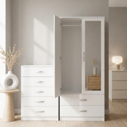 White 2-doors mirrored wardrobe and 5-drawer chest of drawers bedroom furniture set for just £270. This 2-piece bedroom set comes ready assembled.