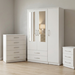 White 3-door mirrored wardrobe set with chest of drawers and bedside table, ready assembled, UK