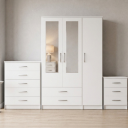White 3-door mirrored wardrobe set with chest of drawers and bedside table, ready assembled, UK