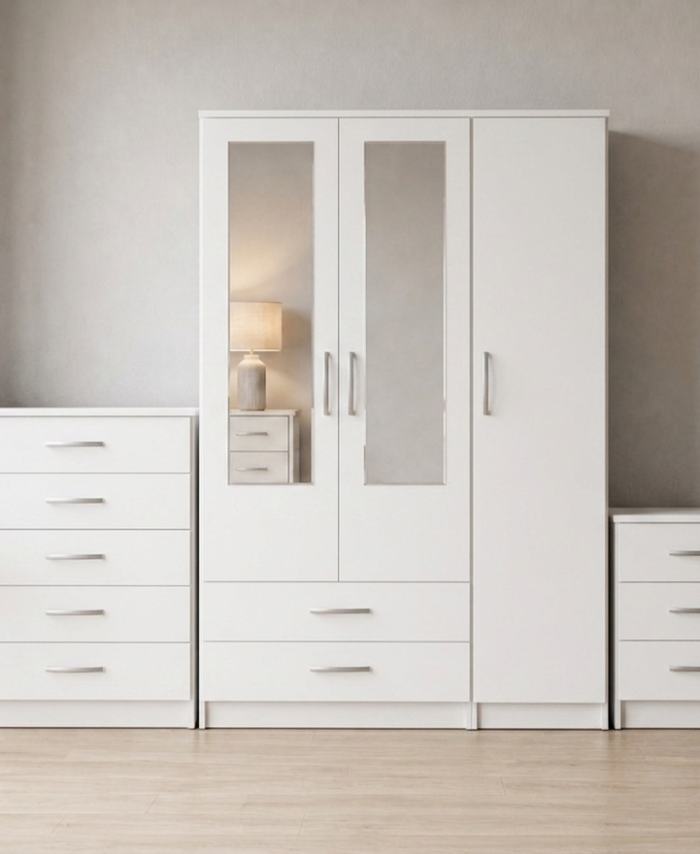 White 3-door mirrored wardrobe set with chest of drawers and bedside table, ready assembled, UK