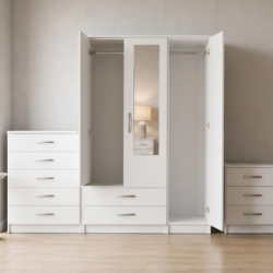 White 3-door mirrored wardrobe set with chest of drawers and bedside table, ready assembled, UK