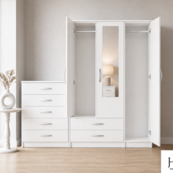 White 3-door mirrored wardrobe set with chest of drawers, ready assembled, UK