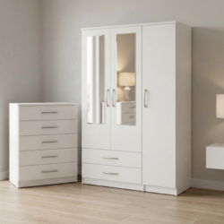 White 3-door mirrored wardrobe set with chest of drawers, ready assembled, UK