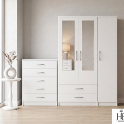 White 3-door mirrored wardrobe set with chest of drawers, ready assembled, UK