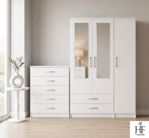 White 3-door mirrored wardrobe set with chest of drawers, ready assembled, UK