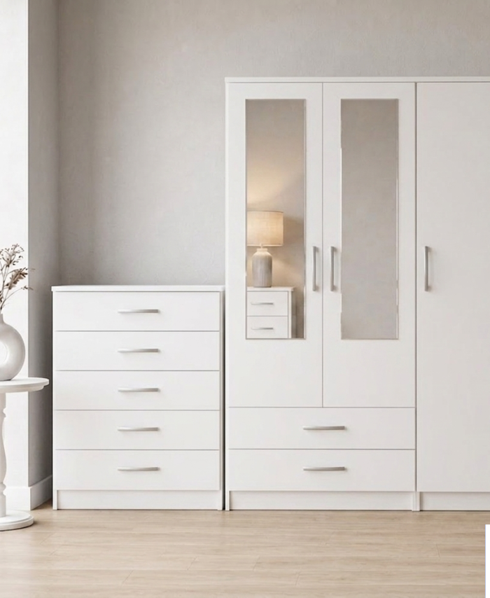 White 3-door mirrored wardrobe set with chest of drawers, ready assembled, UK