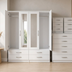 White 4-door mirrored wardrobe 4-piece bedroom set with chest of drawers and 2 bedside tables, ready assembled, UK