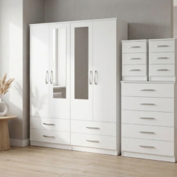 White 4-door mirrored wardrobe 4-piece bedroom set with chest of drawers and 2 bedside tables, ready assembled, UK