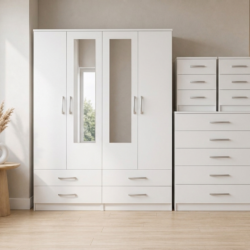 White 4-door mirrored wardrobe 4-piece bedroom set with chest of drawers and 2 bedside tables, ready assembled, UK