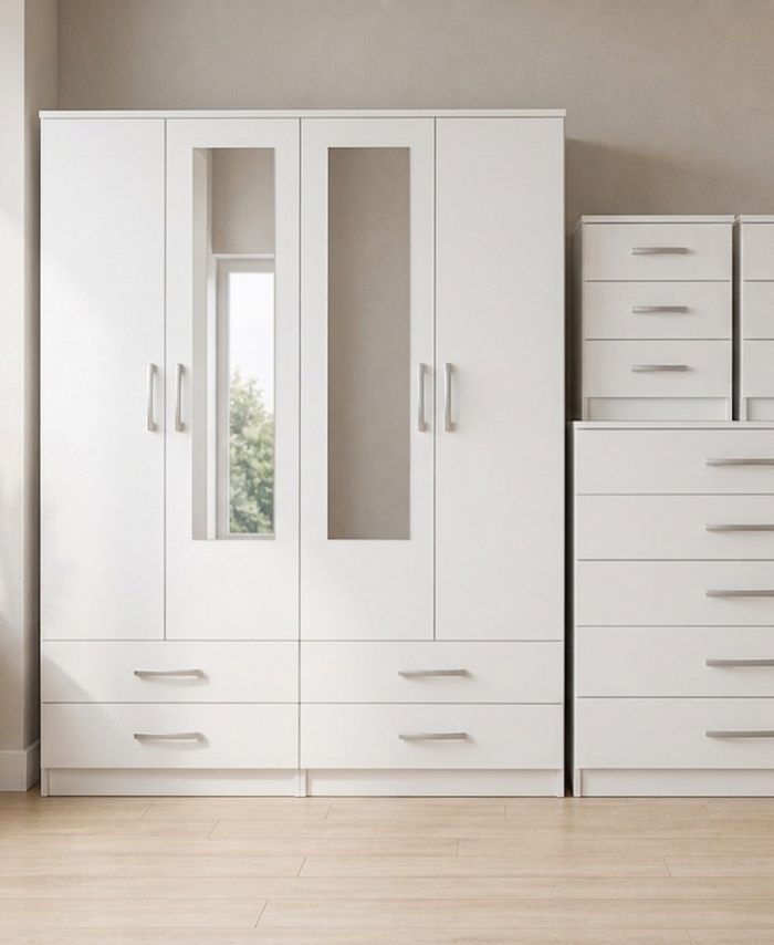 White 4-door mirrored wardrobe 4-piece bedroom set with chest of drawers and 2 bedside tables, ready assembled, UK
