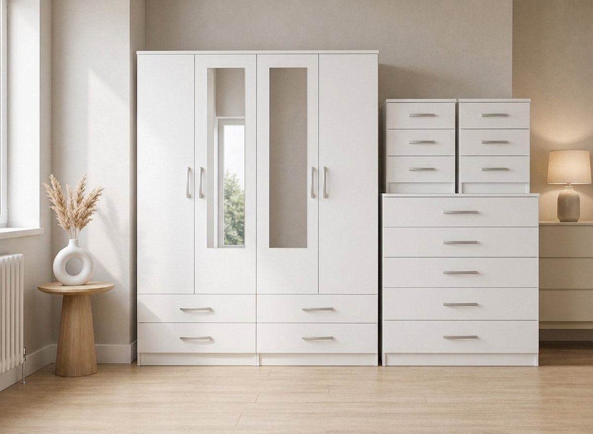 White 4-door mirrored wardrobe 4-piece bedroom set with chest of drawers and 2 bedside tables, ready assembled, UK