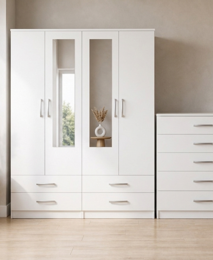 White 4-door mirrored wardrobe set with chest of drawers, built-in drawers, ready assembled, UK