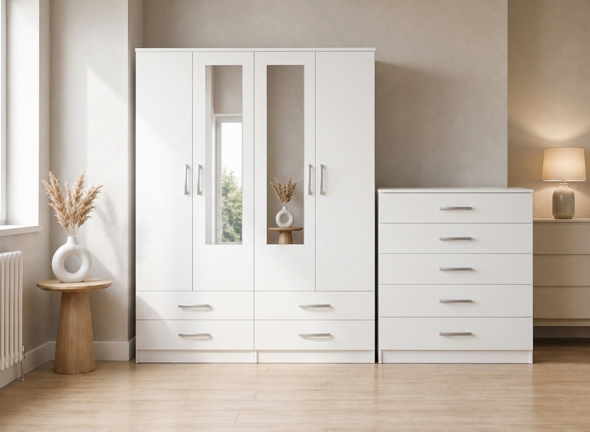 White 4-door mirrored wardrobe set with chest of drawers, built-in drawers, ready assembled, UK