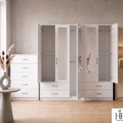 White 5-door mirrored wardrobe 2-piece bedroom set with chest of drawers, ready assembled, UK