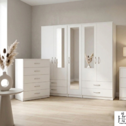 White 5-door mirrored wardrobe 2-piece bedroom set with chest of drawers, ready assembled, UK