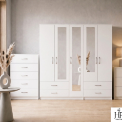 White 5-door mirrored wardrobe 2-piece bedroom set with chest of drawers, ready assembled, UK