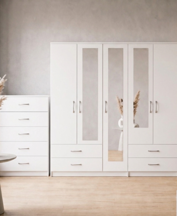 White 5-door mirrored wardrobe 2-piece bedroom set with chest of drawers, ready assembled, UK