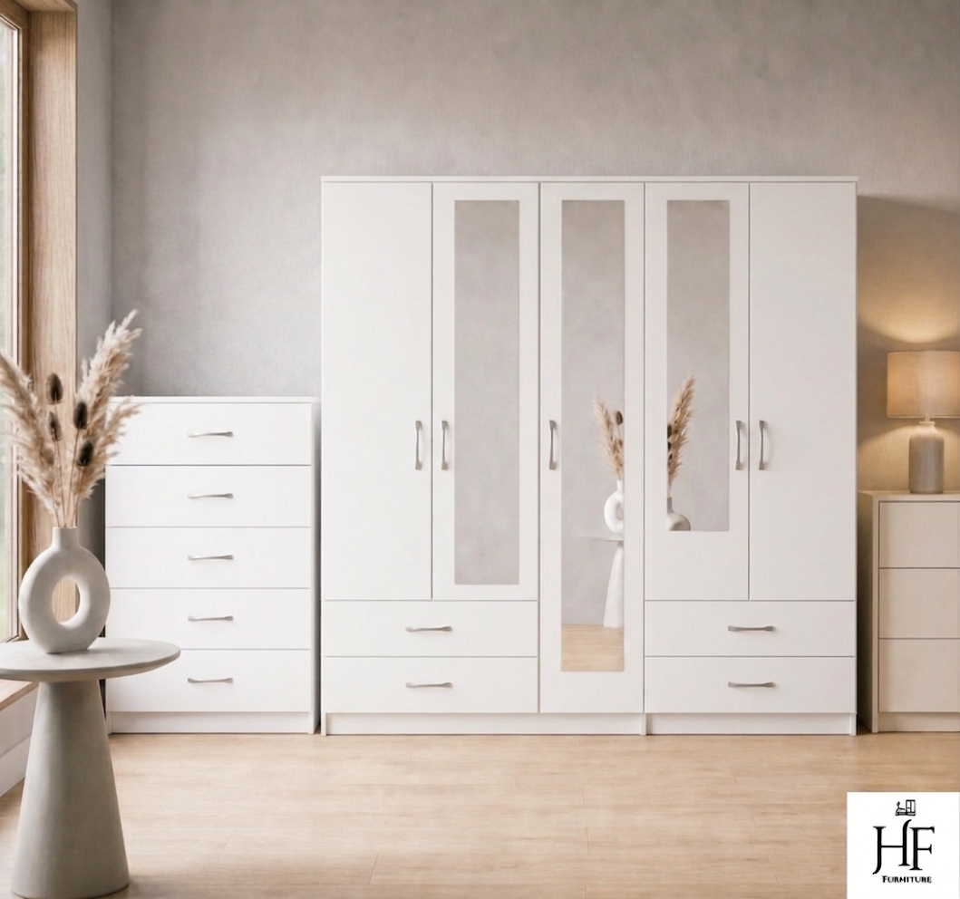 White 5-door mirrored wardrobe 2-piece bedroom set with chest of drawers, ready assembled, UK