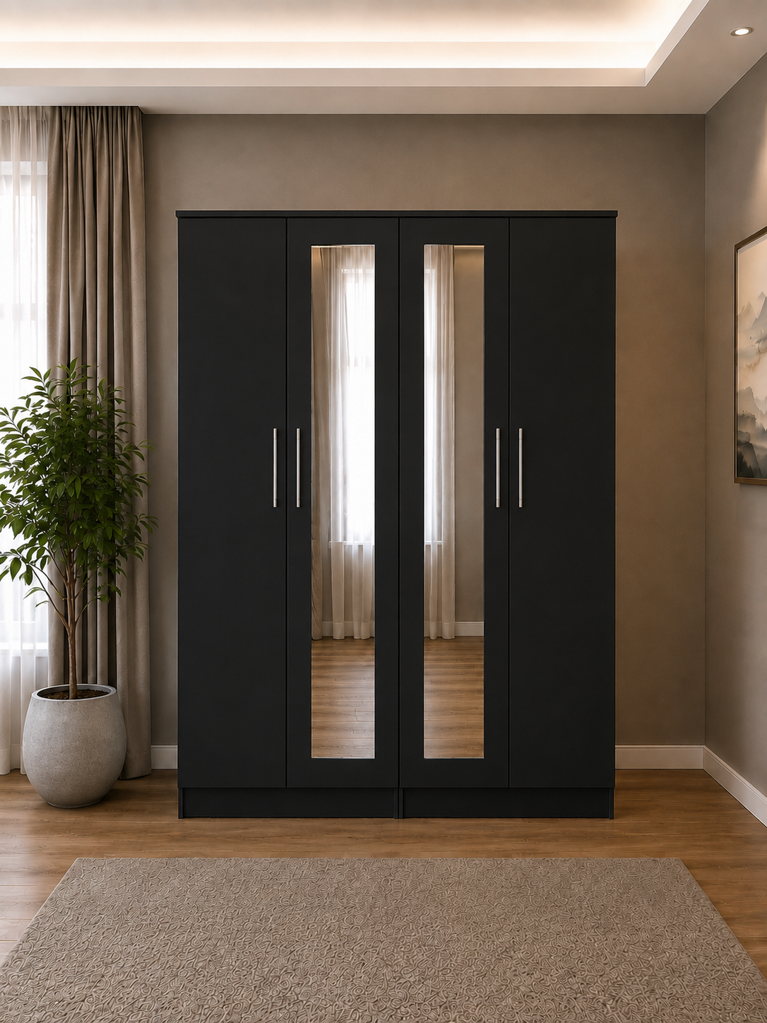 Shop our ready assembled black 4-door mirror wardrobe bedroom furniture set. Free UK delivery. From £119 at HF Furnitures.