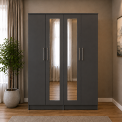 Shop our ready assembled grey 4-door mirror wardrobe bedroom furniture set. Free UK delivery. From £119 at HF Furnitures.