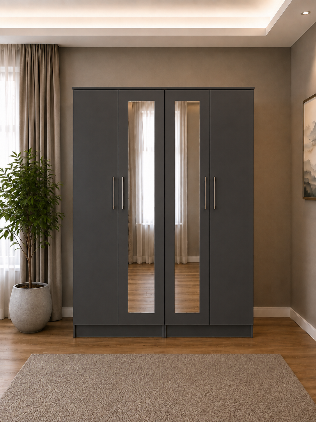 Shop our ready assembled grey 4-door mirror wardrobe bedroom furniture set. Free UK delivery. From £119 at HF Furnitures.
