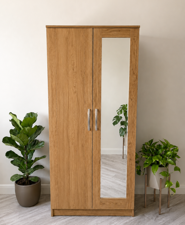 Ready Assembled 2 Door Wardrobe | Oak | Mirror or Plain Doors