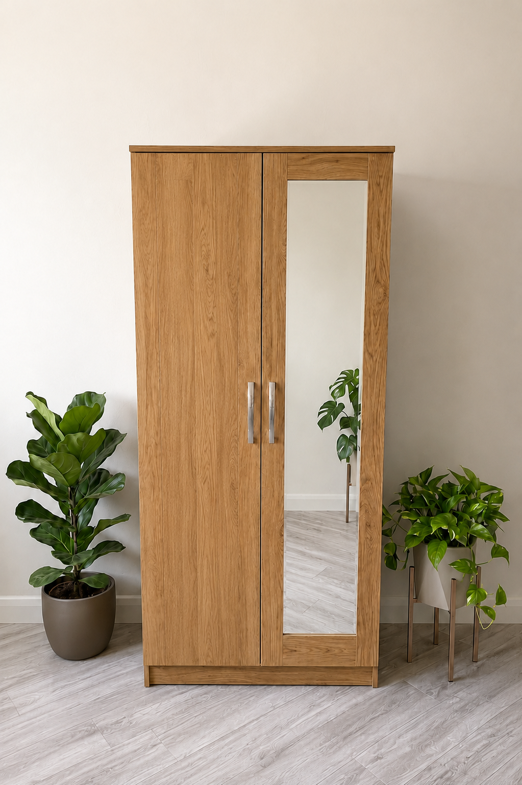 Ready Assembled 2 Door Wardrobe | Oak | Mirror or Plain Doors