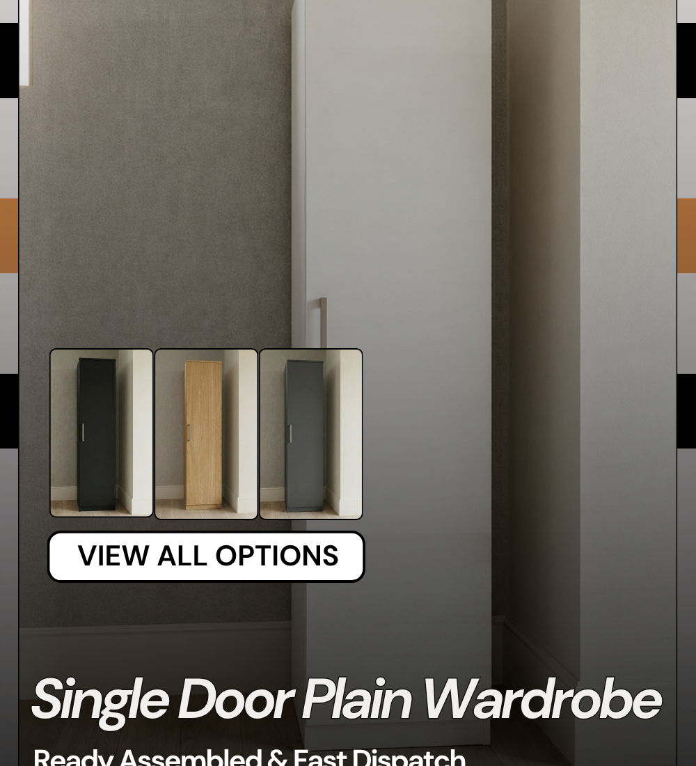 Single door narrow wardrobe available in 4 colours — grey, black, white and oak, ready assembled, UK