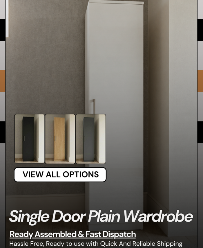 Single door narrow wardrobe available in 4 colours — grey, black, white and oak, ready assembled, UK