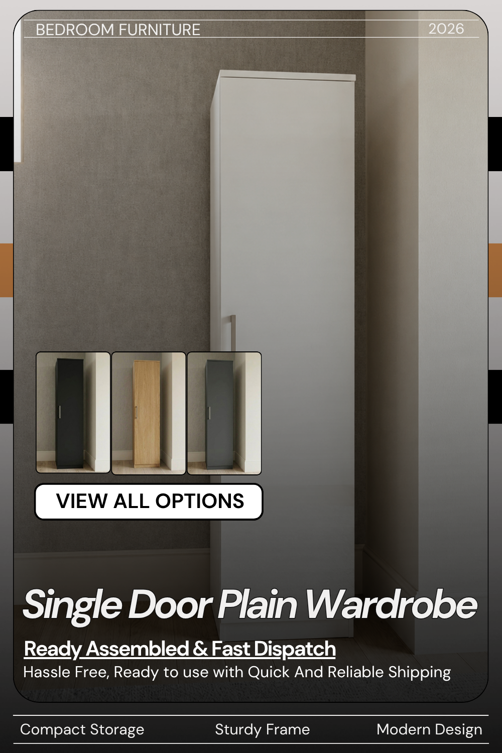 Single door narrow wardrobe available in 4 colours — grey, black, white and oak, ready assembled, UK