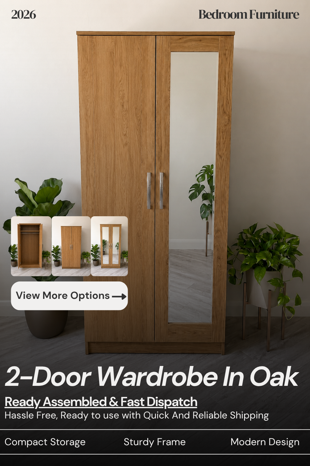 Ready Assembled 2 Door Wardrobe | Oak | Mirror or Plain Doors