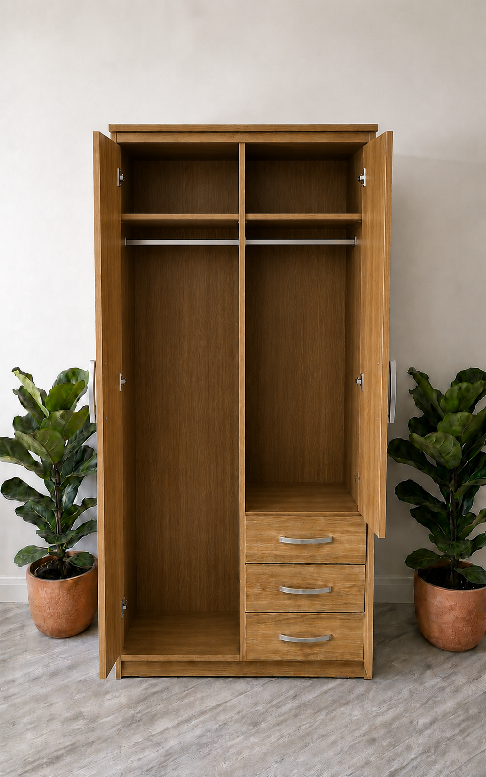 Oak wardrobe interior hanging rail and drawer storage UK