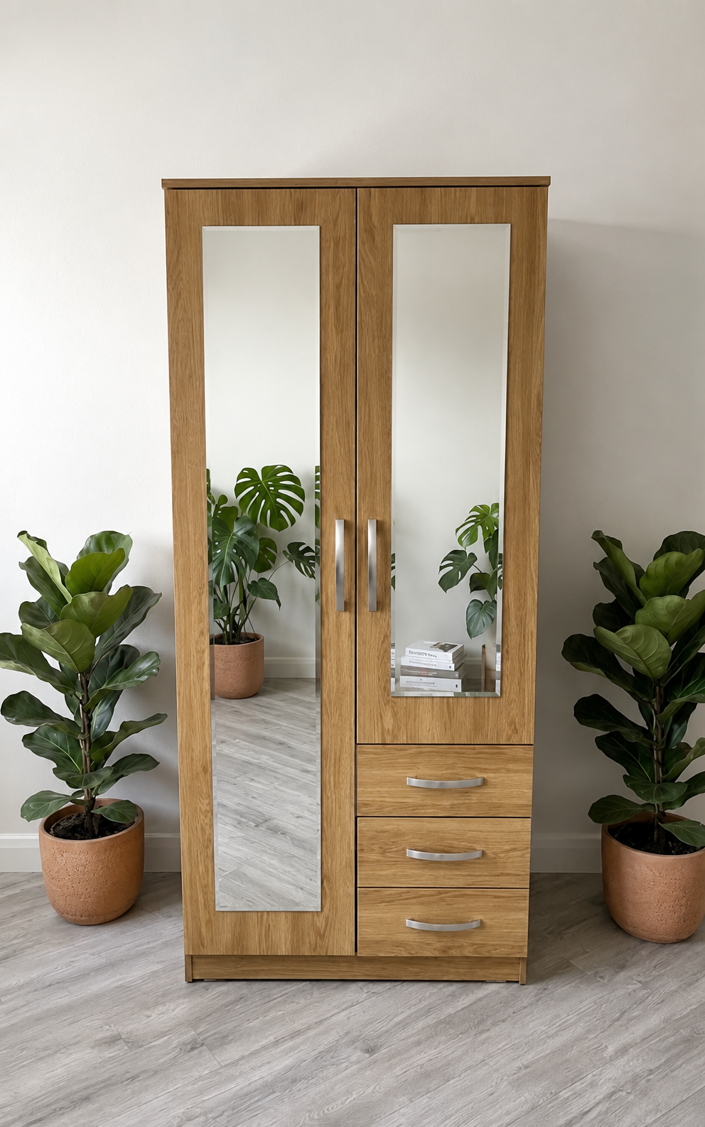 Oak ready assembled double mirrored wardrobe UK