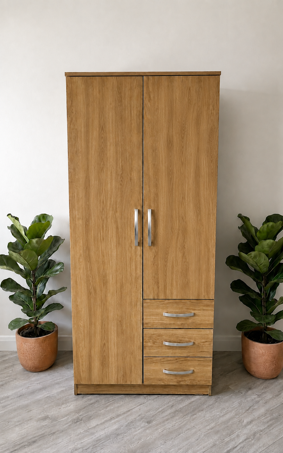 Oak ready assembled 2 door wardrobe with 3 drawers UK