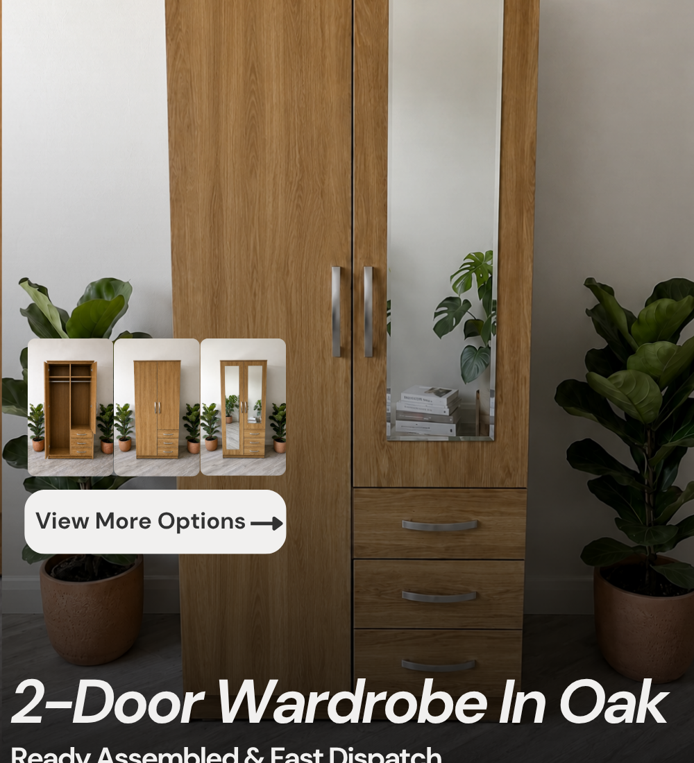Ready assembled 2 door wardrobe in oak finish with 3 drawers. Available with no mirror, single mirror or double mirrored doors.