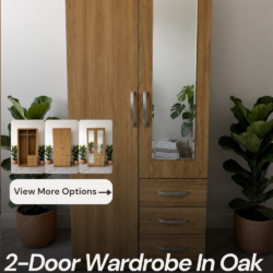 Ready assembled 2 door wardrobe in oak finish with 3 drawers. Available with no mirror, single mirror or double mirrored doors.