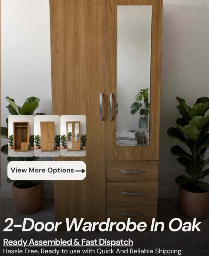 Ready assembled 2 door wardrobe in oak finish with 3 drawers. Available with no mirror, single mirror or double mirrored doors.