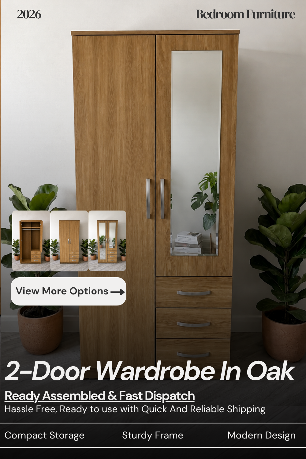 Ready assembled 2 door wardrobe in oak finish with 3 drawers. Available with no mirror, single mirror or double mirrored doors.
