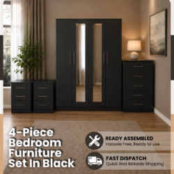 Shop our ready assembled black 4-door mirror wardrobe bedroom furniture set. Free UK delivery. From £119 at HF Furnitures.