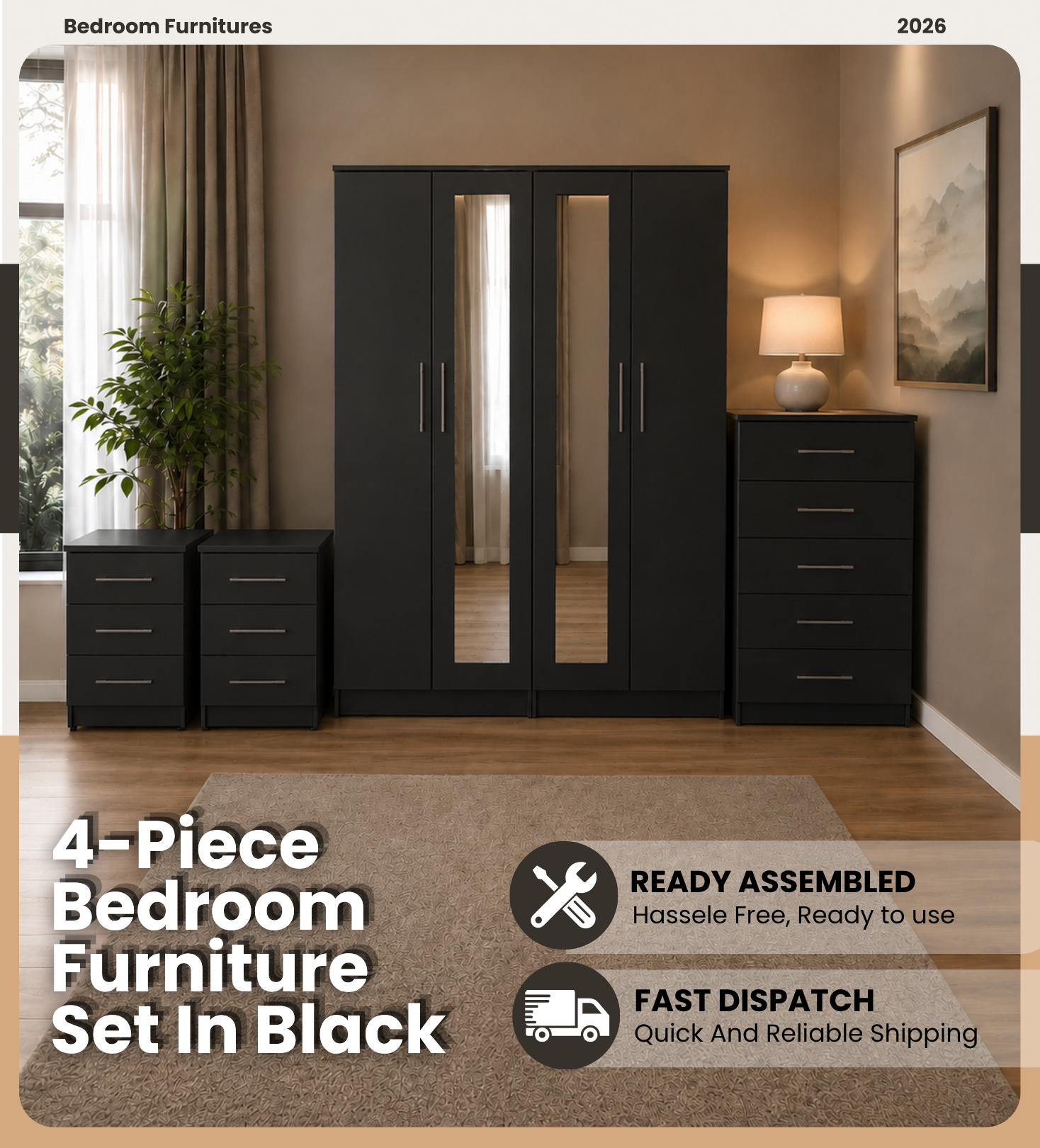 Shop our ready assembled black 4-door mirror wardrobe bedroom furniture set. Free UK delivery. From £119 at HF Furnitures.