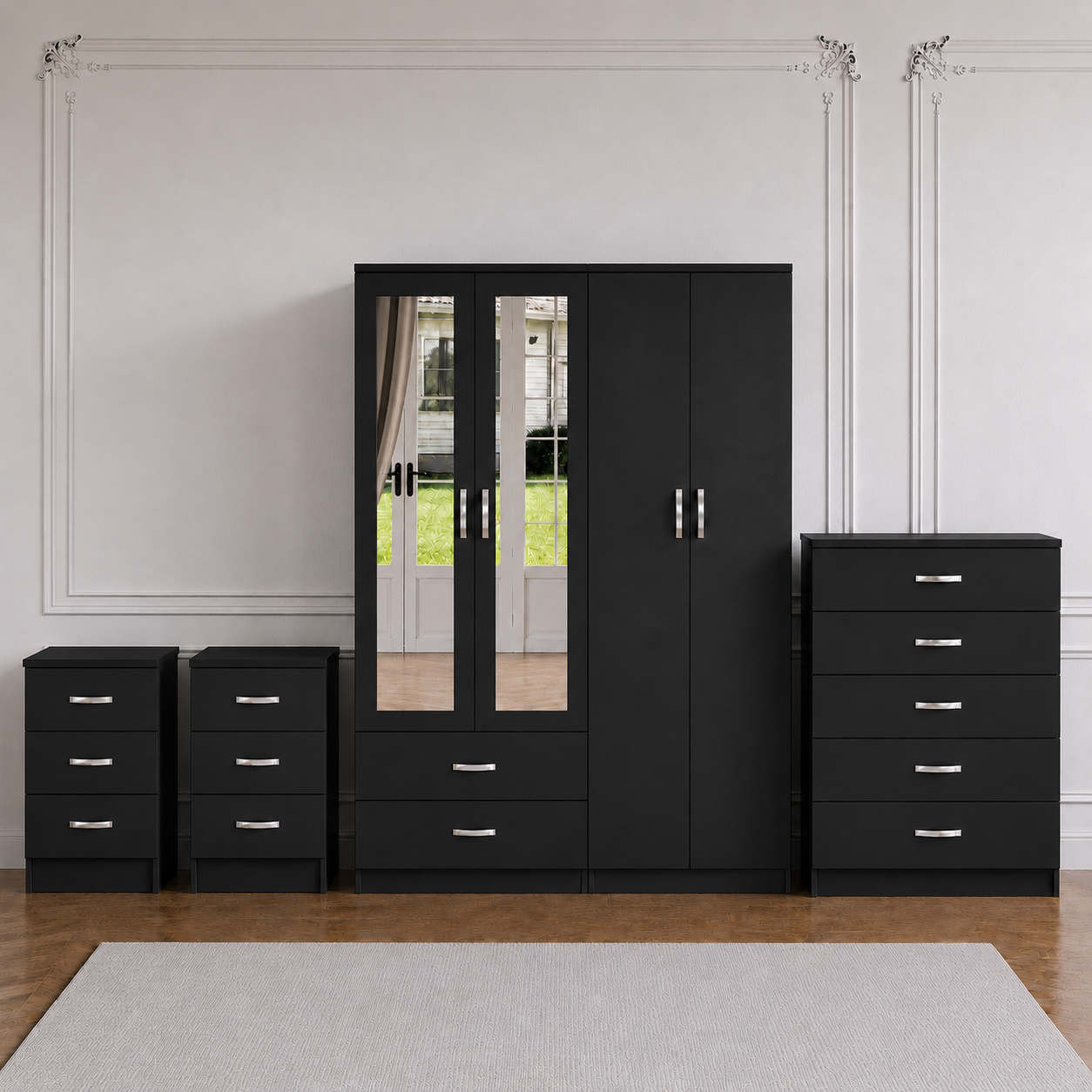 Black 4-door mirrored wardrobe complete bedroom set with chest of drawers and 2 bedside tables