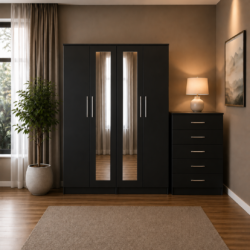 Shop our ready assembled black 4-door mirror wardrobe bedroom furniture set. Free UK delivery. From £119 at HF Furnitures.