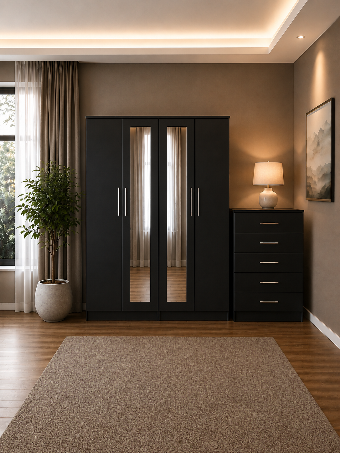 Shop our ready assembled black 4-door mirror wardrobe bedroom furniture set. Free UK delivery. From £119 at HF Furnitures.