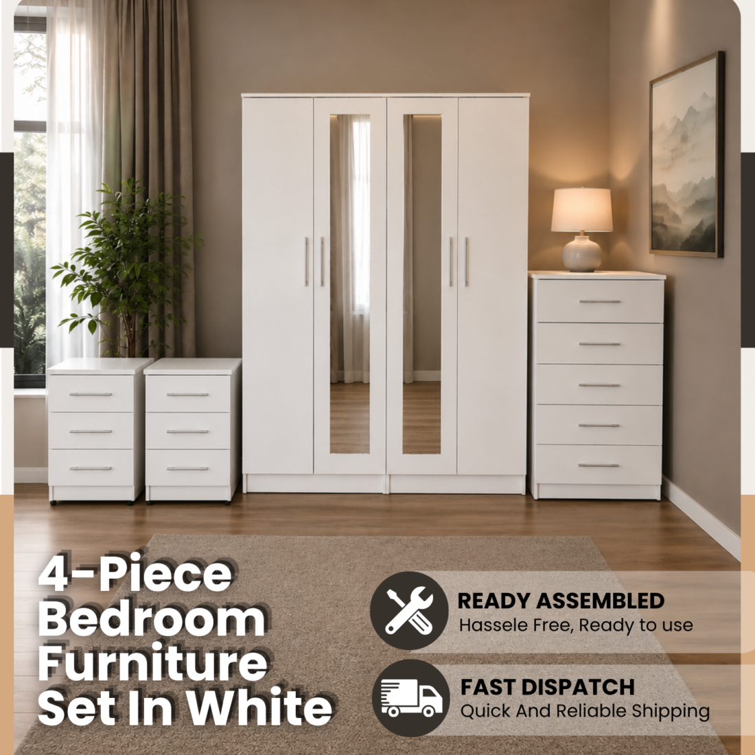 Shop our ready assembled white 4-door mirror wardrobe bedroom furniture set. Free UK delivery. From £119 at HF Furnitures.