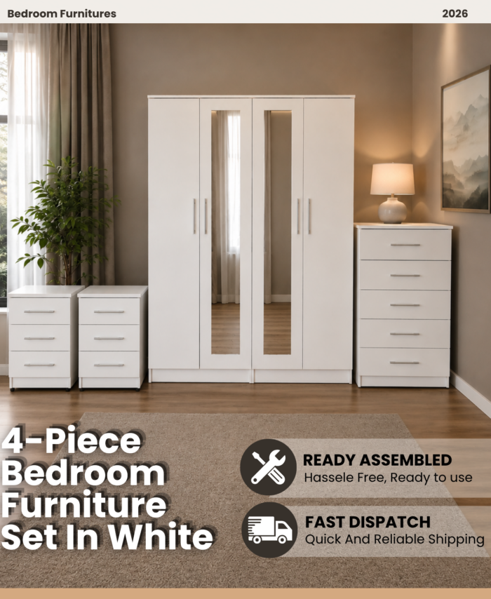 Shop our ready assembled white 4-door mirror wardrobe bedroom furniture set. Free UK delivery. From £119 at HF Furnitures.