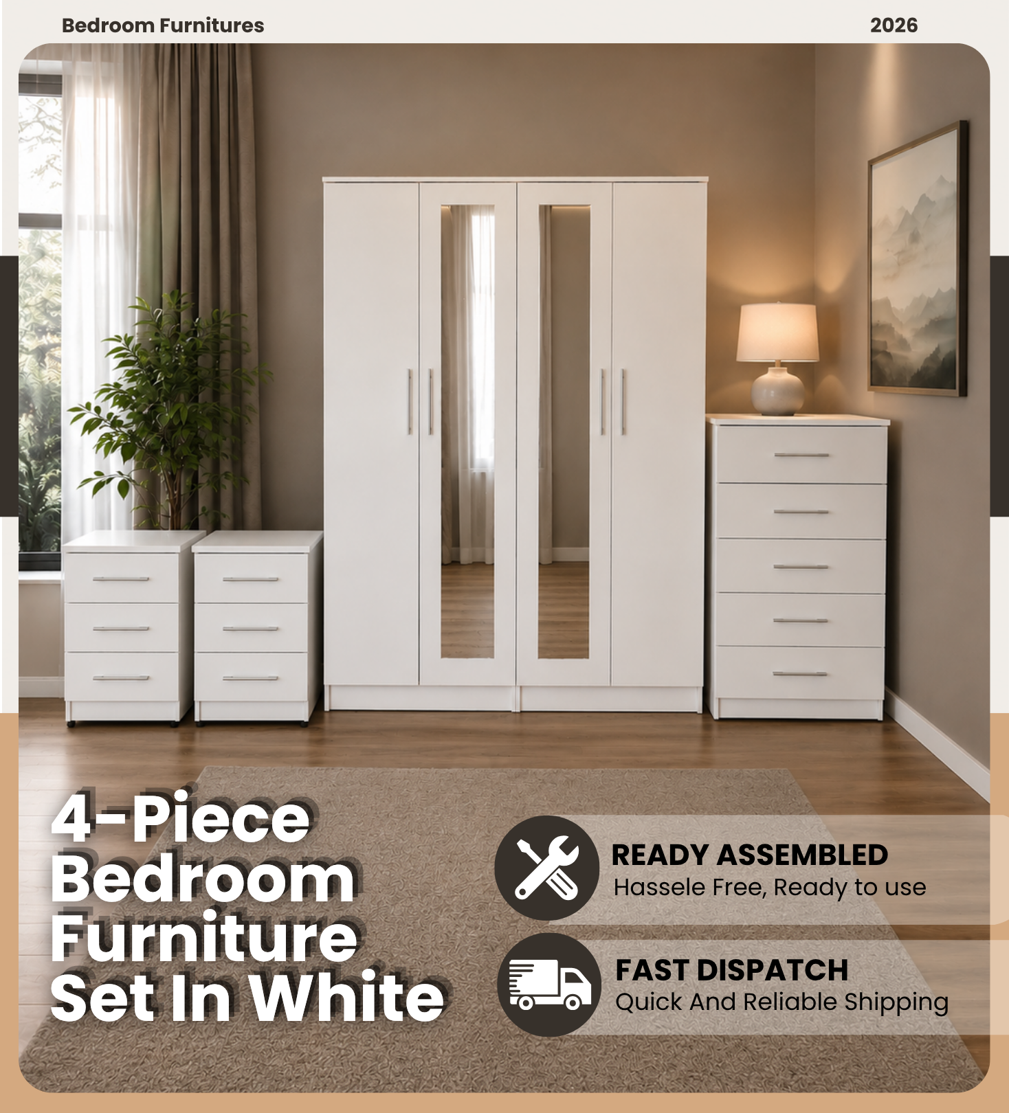 Shop our ready assembled white 4-door mirror wardrobe bedroom furniture set. Free UK delivery. From £119 at HF Furnitures.