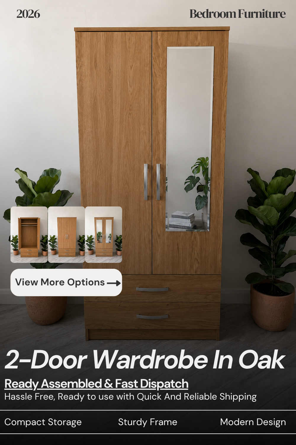 Ready assembled 2 door wardrobe in oak with bottom drawers. Available with no mirror, single mirror or double mirrored doors. From £170. HF Furnitures